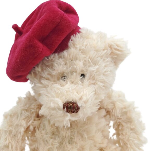 Vintage Shaggy Cream Teddy Bear with Red Beret Plush Stuffed‎ Animal Fiesta 14" - Picture 2 of 6